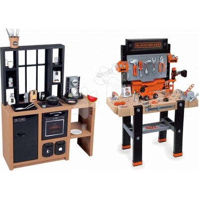 Smoby Set kuchynka moderná Loft Industrial a pracovná dielňa Bricolo elektronická s mechanickou vŕtačkou