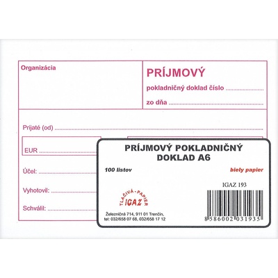Igaz 193 Príjmový pokladničný doklad bez DPH -100 listov