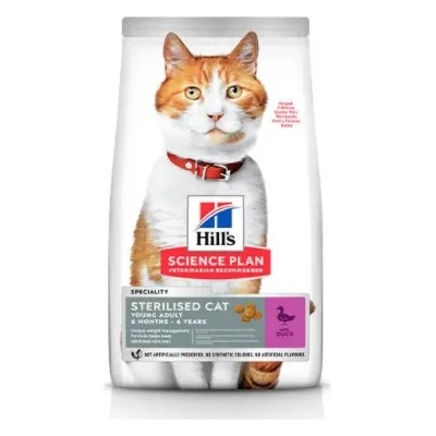 Hill's Cat YoungAdult Sterilised Duck - Пълноценна суха храна за кастрирани котки от 6 месеца до 6 години, с патешко месо, 1.5 кг