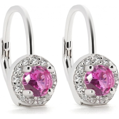 Rafity stříbrné náušnice s růžovým safírem a zirkony E0011KL-22 růžové