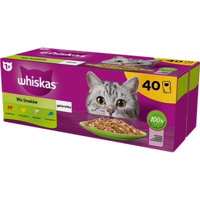 Whiskas Adult пакетчета 40 x 85 g Mix of Flavours - мокра храна за възрастни котки, в желе (парчета с: говеждо, пилешко, сьомга, риба тон)