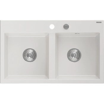 Mexen Hektor мивка от гранит 2-камерна 800 x 480 mm, бяла, сифон хром - 6521802000-20 (6521802000-20)