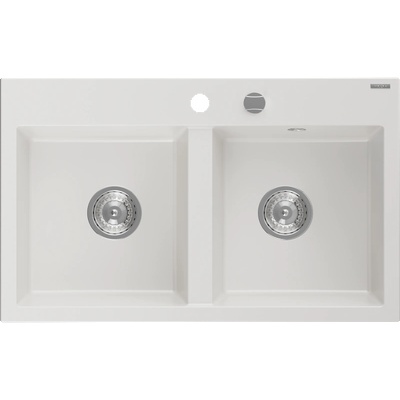 Mexen Hektor мивка от гранит 2-камерна 800 x 480 mm, бяла, сифон хром - 6521802000-20 (6521802000-20)