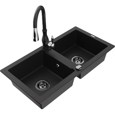 Mexen Mario двоен гранитен кухненски мивка с батерия Savita, черен - 6504-77-672601-70-B (6504-77-672601-70-B)