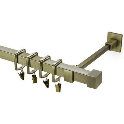 OK-GarnýžeCZ - Garnýž kovová hranatá jednořadá 20x20mm Klasik mosaz antik 420 cm do stěny / kroužky s žabkou