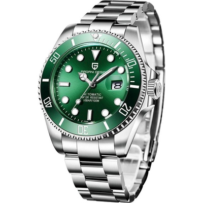 Pagani Design Мъжки часовник Pagani Design Submariner, Механичен, Сребрист / Зелен (PD-1639-SILVER-GREEN)