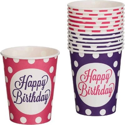 12 бр. детски картонени чаши от 240 мл с декор точки и надпис Happy Birthday