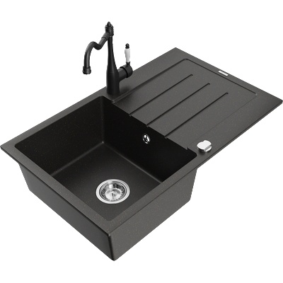 Mexen Bruno гранитна мивка с 1 отделение и отцедник и кухненски смесител Carla, черен/златен металик - 6513-75-670700-70 (6513-75-670700-70)
