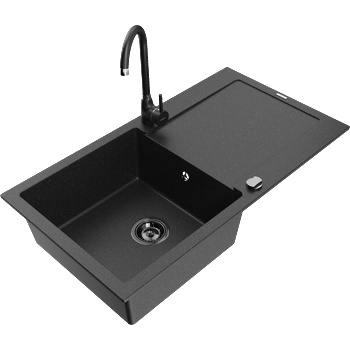 Mexen Leo едночелен мивка от гранит с отцедник и кухненски смесител Telma, черен/сребърен металик - 6501-73-670200-70-B (6501-73-670200-70-B)