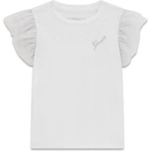 GUESS Бяла тениска за мини момиче с ръкави воал и малък сребрист надпис Guess