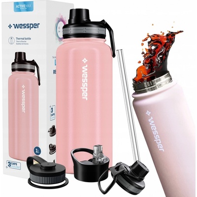 Wessper Láhev z nerezové oceli 1 l nepropustná termoska Bpa Free se 3 víčky růžová