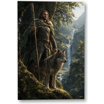 Plakát – Muž s vlkem u vodopádu 90 × 135 cm Bez rámu Ne Bez rámu