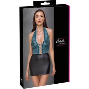 Cottelli Collection - лъскава рокля с връзки и дантела (черно-зелена) - XL