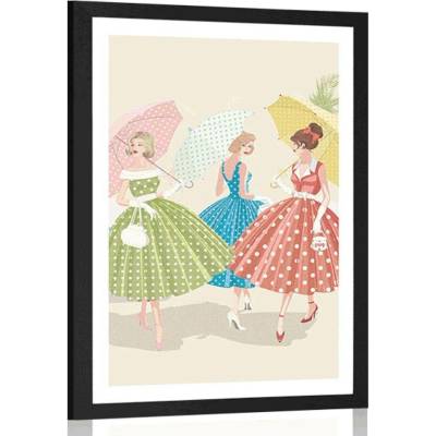 Plakát s paspartou retro dámy s deštníky - 40x60 black