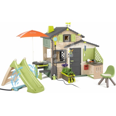 Smoby Domček Priateľov s vodným tunelom pod šmykľavkou Friends Evo Playhouse Life rozšíriteľný v natur hnedých farbách