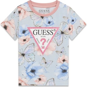 GUESS Тениска за мини момиче с пеперуди, цветя и розово лого Guess