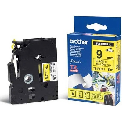 Páska do štítkovače Brother TZE-FX621, 9mm, černý tisk/žlutý podklad, flexi, originál