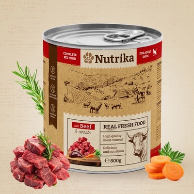 Nutrika Dog food with Beef & Carrots 800gr - пълноценна храна за израснали кучета от всички породи с говеждо и моркови 800гр