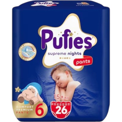 pufies , нощни пелени-гащи Supreme Nights Pants, размер 6 (15+ кг), 26 бр