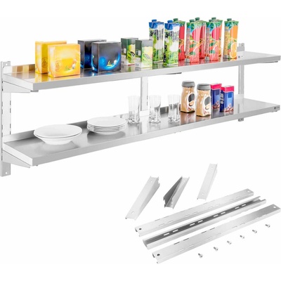 Royal Catering Nástenná polica z ušľachtilej ocele - 2 odkladacie police - 180 cm RCWR-180.2