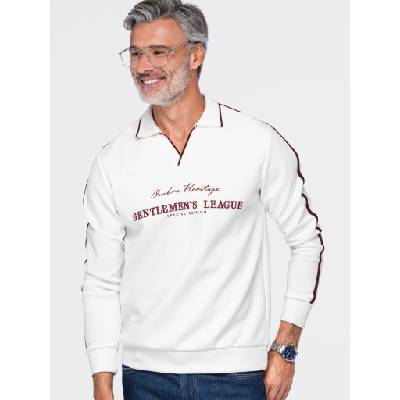 Ombre Clothing Мъжки суитшърт с яка и V деколте с бродерия на гърдите - слонова бяла V4 OM-SSNZ-0268 Ombre Clothing Ombre Clothing | Byal | МЪЖЕ | S