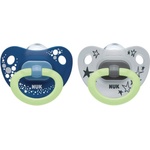 Nuk Силиконови залъгалки NUK - Happy Nights, с кутия за стирилизиране, 0-6 m, 2 броя (10730453_blue)