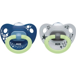 Nuk Силиконови залъгалки NUK - Happy Nights, с кутия за стирилизиране, 0-6 m, 2 броя (10730453_blue)