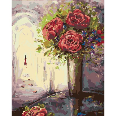 zuty Malování Podle Čísel Růže Ve Váze A Žena V Dáli 80 x 100 Cm Plátno Rám