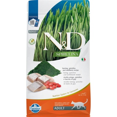 N&d cat grain free spirulina herring adult - пълноценна храна, за котки над 1 година, с херинга, спирулина и годжи бери - 1500 гр pnd0150076