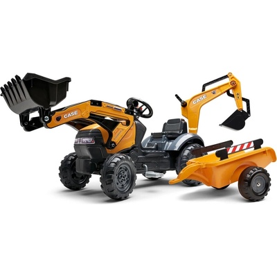 FALK Eco Design šliapací traktor CASE s prednou lyžicou, zadným bagrom a odpojiteľným vozíkom