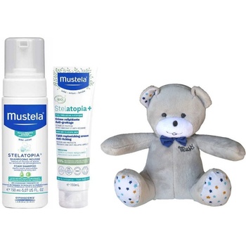 Mustela Промо комплект Mustela Stelatopia - Шампоан-пяна, крем + Мечето Мусти