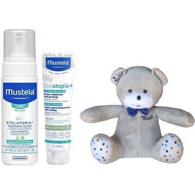 Mustela Промо комплект Mustela Stelatopia - Шампоан-пяна, крем + Мечето Мусти