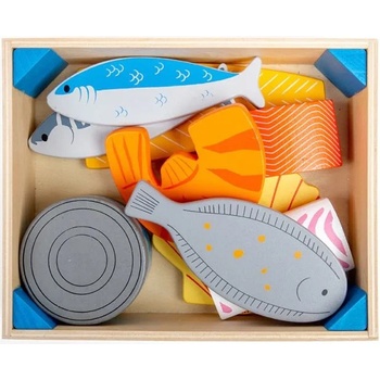 Bigjigs Toys Дървен комплект Bigjigs - Щайга за риба, с аксесоари (BJ475)