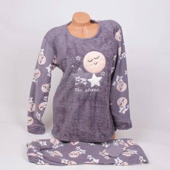 Image 1 of Макси поларена пижама в сиво със звезди и кръгчета