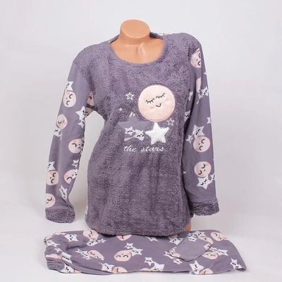 Макси поларена пижама в сиво със звезди и кръгчета