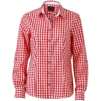 James & Nicholson JN 616 dámska popelínová kockovaná košeľa s dlhým rukávom red/white