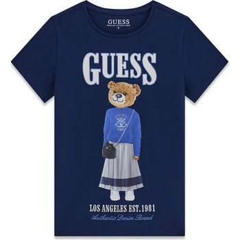 GUESS Тъмно синя тениска за момиче с голямо цветно мече отпред и сребрист надпис Guess