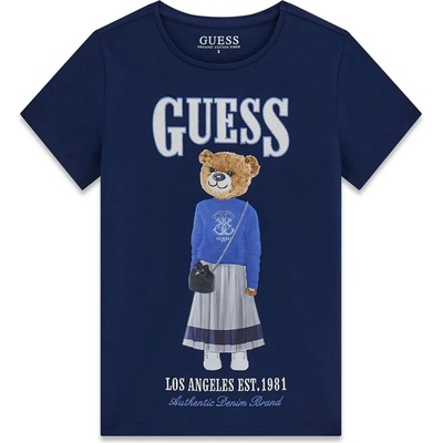 GUESS Тъмно синя тениска за момиче с голямо цветно мече отпред и сребрист надпис Guess