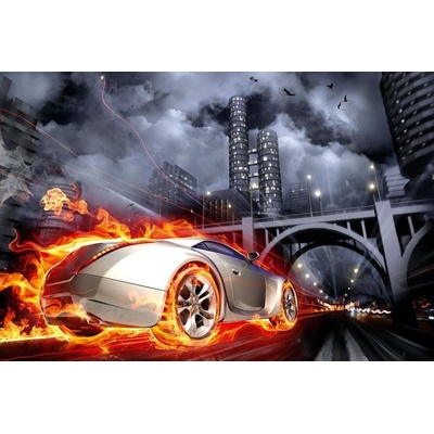 016 Samolepící fototapeta na podlahu - Auto v plamenech, 255 x 170 cm