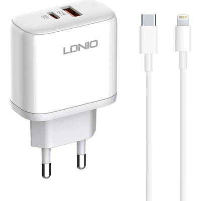 LDNIO Мрежово зарядно устройство LDNIO A2526C, 45W, 1 x Type-C F, 1 x USB F, PD, QC, PPS, С Кабел Type-C към Lightning , Бял - 40288 (40288)