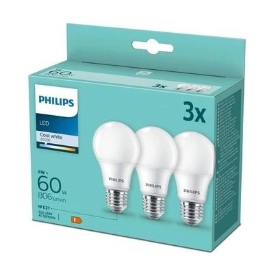 Philips klasik, 8W, E27, studená bílá 3ks