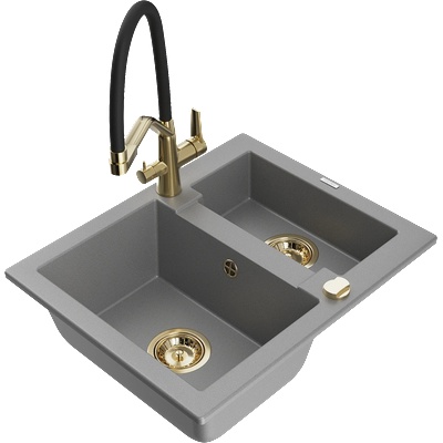 Mexen Carlos гранитна мивка 1, 5-коморна с кухненски смесител Duo, сив - 6518-71-671701-57-G (6518-71-671701-57-G)