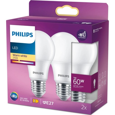 Philips 2x LED žárovka E27 A60 7W = 60W 806 lm 2700K teplá bílá