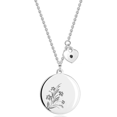 Šperky eshop Stříbrný náhrdelník černý diamant, srdce, kruh s květinami G07.22
