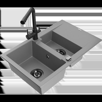 Gaspar гранитна мивка 1, 5-камерна с отцедник и кухненски смесител Duero, сив - 6507-71-671600-70-B (6507-71-671600-70-B)