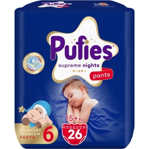 pufies Пелени гащи Pufies Supreme Nights - Value Pack, размер 6 Extra Large, 15+ kg, 26 броя (3800024037009) - baby