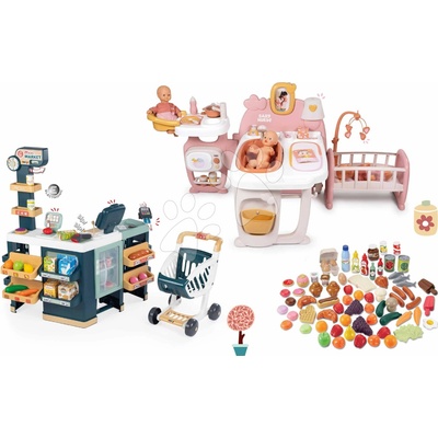 Smoby Set domček pre bábiku trojkrídlový a supermarket Large Doll´s Play Center Soft Baby Nurse so zvukom a svetlom a potravinami