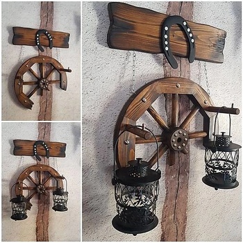 RETRO Drevené koleso podkova dekorácia na lampáše