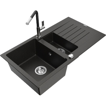 Mexen Matias гранитна мивка 1, 5 камери с отцедник и кухненски смесител Flora, (6502-75-670401-07)