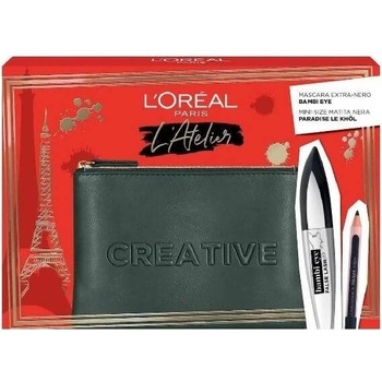 L'Oréal Комплект Atelier Kit LOreal Paris: Bambi Eye Lash Defining Mascara Extra Black 89 ml + Paradise Kajal молив за очи 12 g + текстилна чантичка за гримове черна